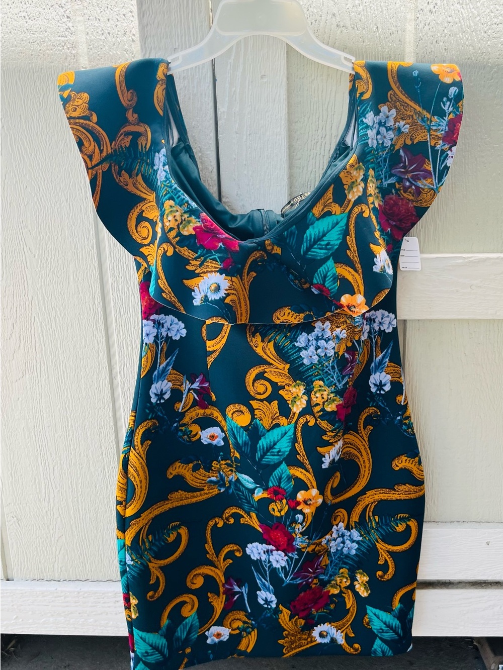 Guess Floral Baroque Midi Dress - Teal, Gold, Red